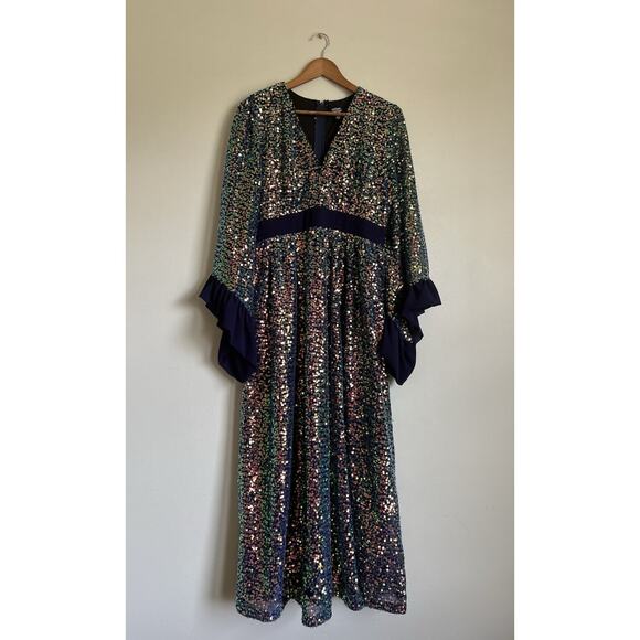 Unique Vintage Plus Size L 10/12 1970s Navy Glitter Sequin Maxi Dress! - Picture 1 of 9